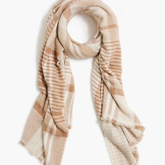 NEW J. Crew Marled Tan Plaid Reversible Chunky Fringe Scarf - Picture 1 of 8
